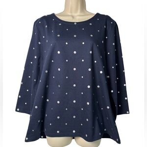 Talbots Navy Metallic Silver Polka Dot 3/4 Sleeve Classic Preppy Coastal NWOT